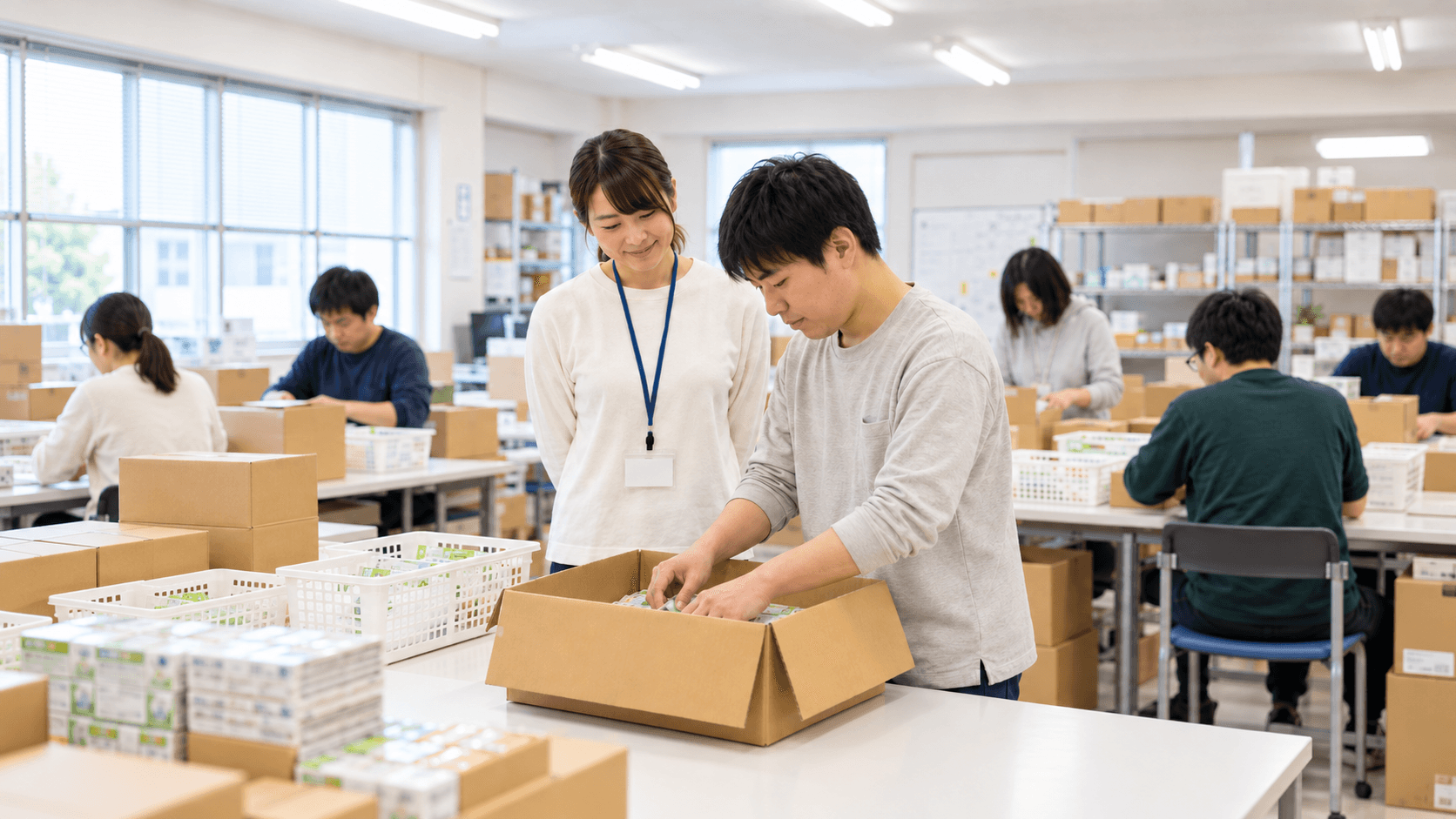 作業台を囲み、箱詰め作業に取り組む人たち