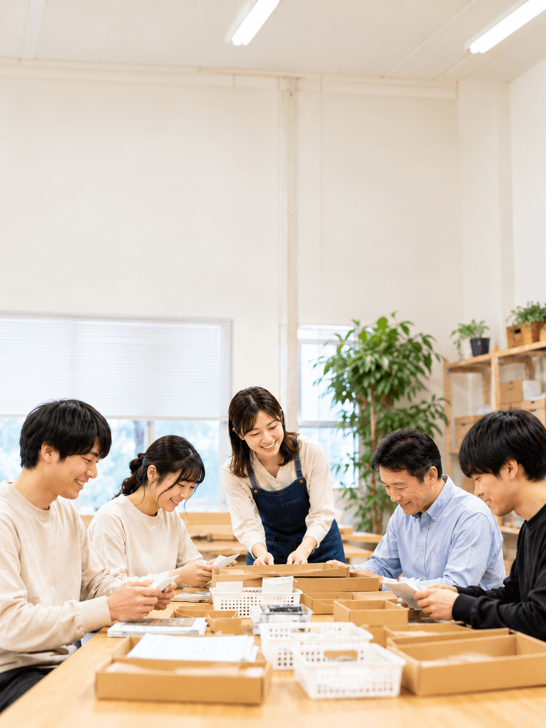 作業台を囲んで作業に取り組む人たち