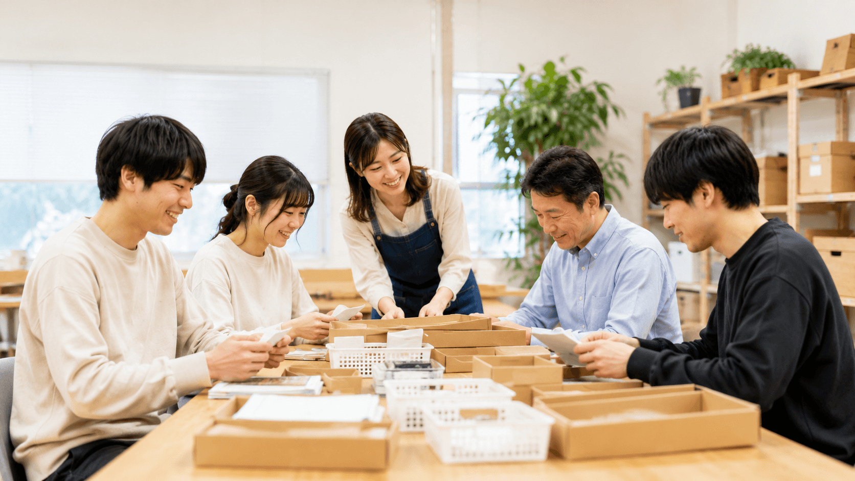 作業スペースで梱包作業に取り組む様子