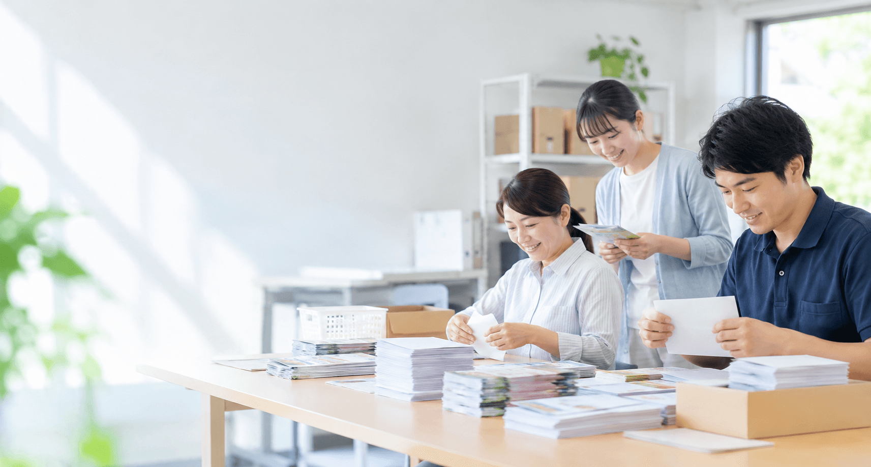 DMの折り込み・封入作業を行うスタッフ